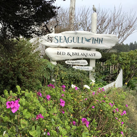 seagull inn sign with flowers and fence